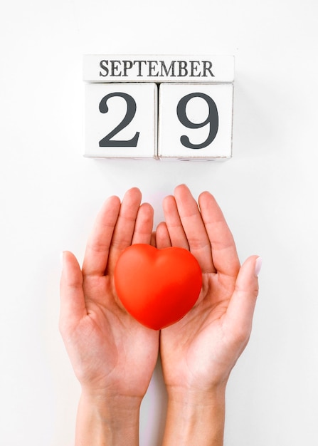 Top view of hands holding heart shape with date