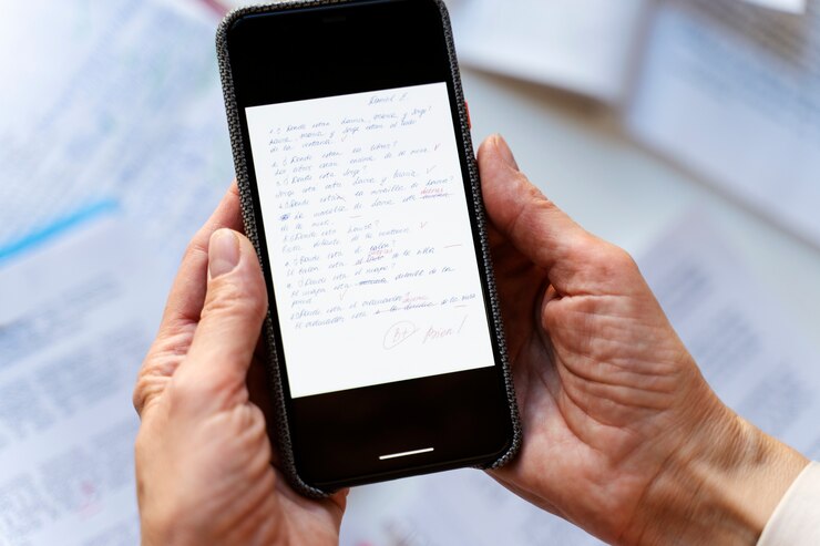 Free Photo top view hands holding smartphone