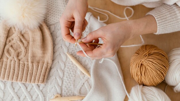 Top view hands knitting