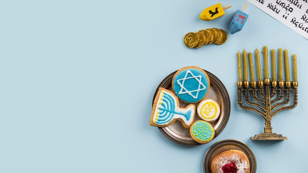 Top view of Hanukkah concept with copy space