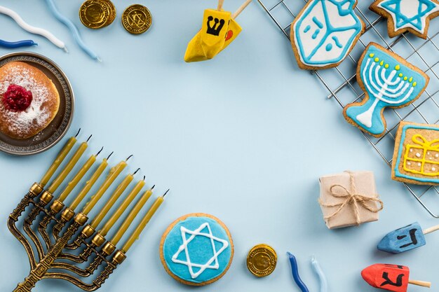 Top view of Hanukkah concept with copy space