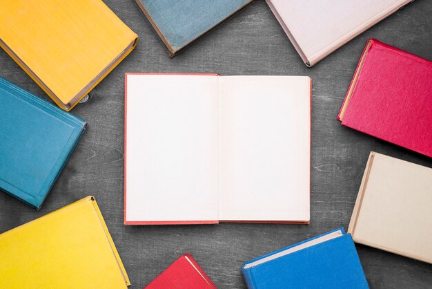 Top view of hardback books frame with one open