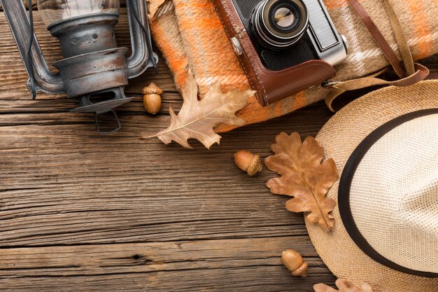 Top view of hat and camera with autumn leaves