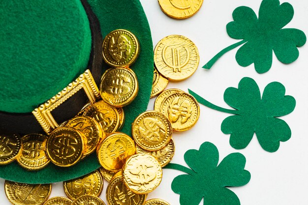 Top view hat, coins and shamrocks