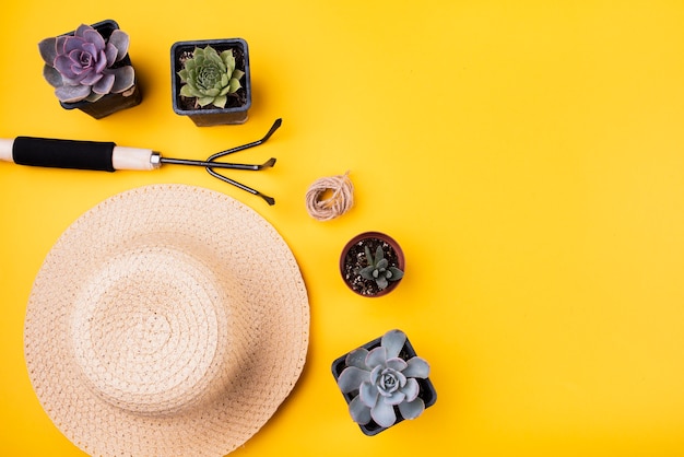 Free photo top view of hat and gardening fork