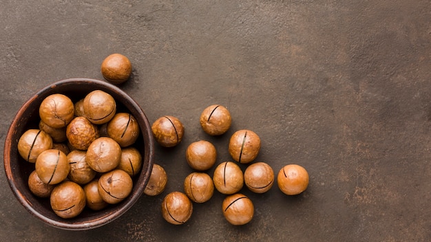 Top view hazelnuts in bowl