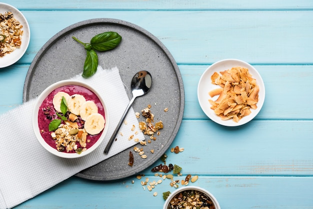 Top view healthy bowl of food with seeds