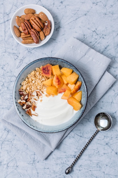 Top view healthy breakfast bowl with oats