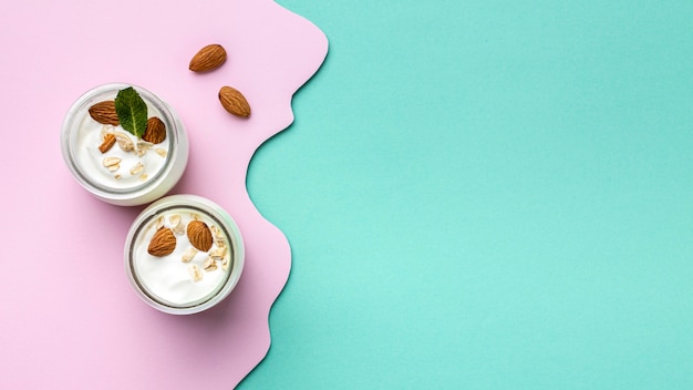 Top view healthy breakfast meal with yogurt arrangement