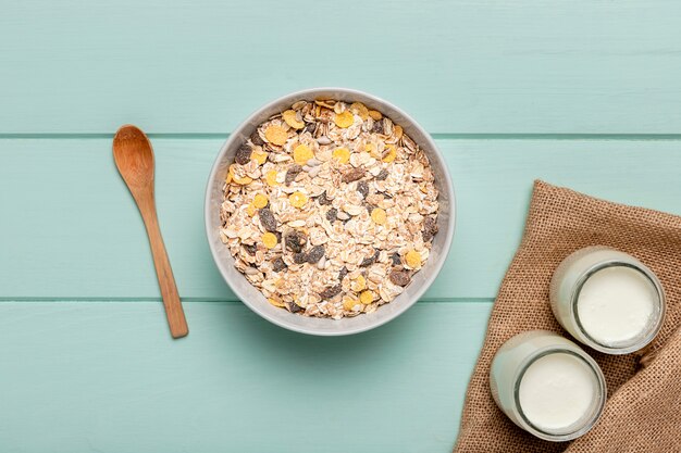 Top view healthy breakfast on table