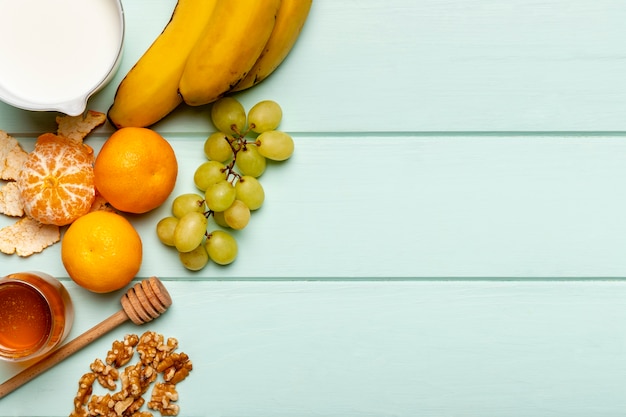 Top view healthy breakfast on table