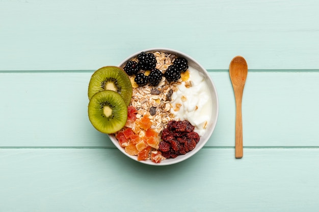 Top view healthy breakfast on table