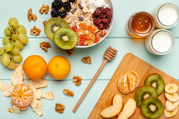 Top view healthy breakfast on table