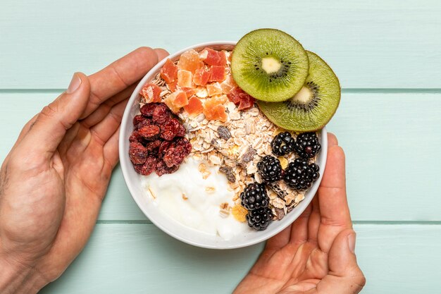 Top view healthy breakfast on table