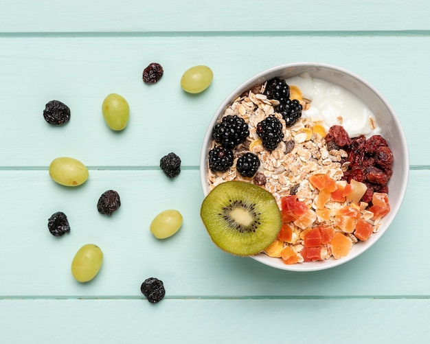 Top view healthy breakfast on table