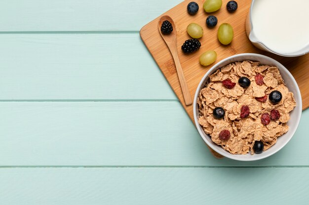 Top view healthy breakfast on table