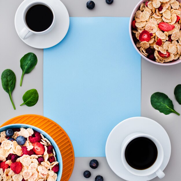 top view of healthy breakfast with empty frame 