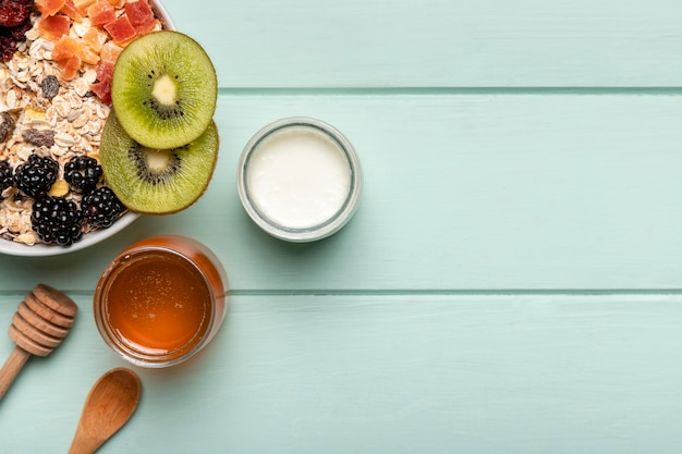 Top view healthy breakfast with muesli