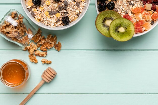 Top view healthy breakfast with muesli