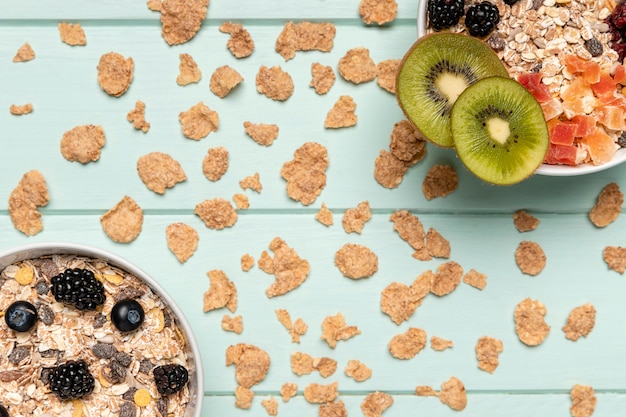 Top view healthy breakfast with muesli