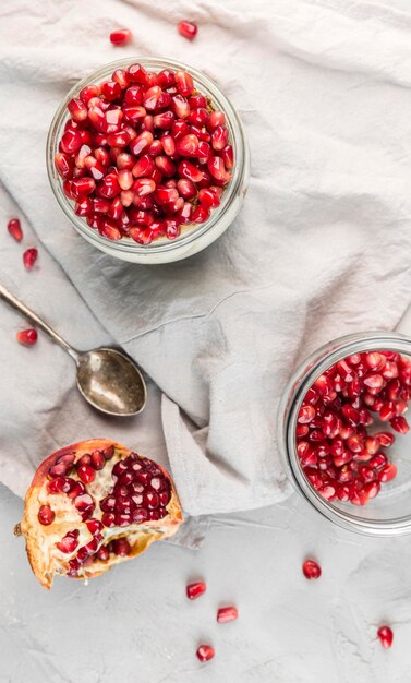 Top view healthy breakfast with pomegranate seeds