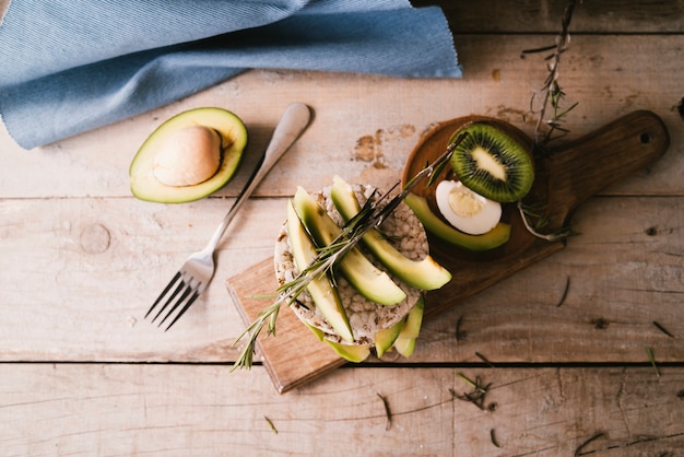 Top view  healthy breakfast on wooden board