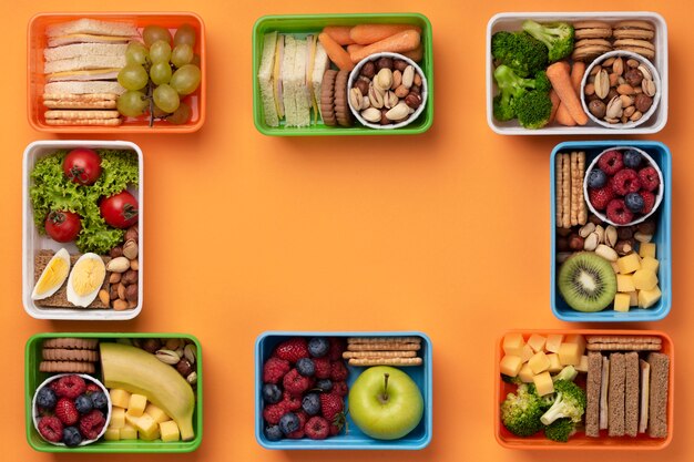 Top view healthy food lunch boxes with copy space