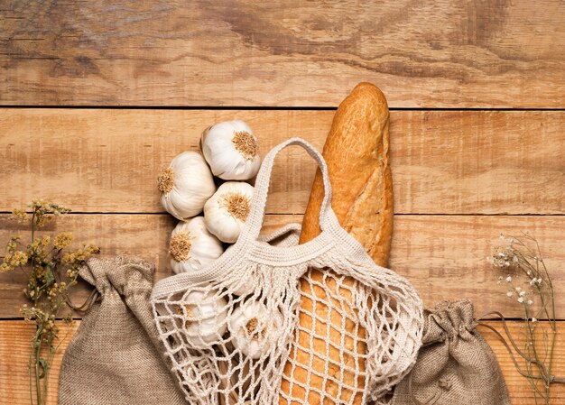 Top view healthy food and seeds on wooden background