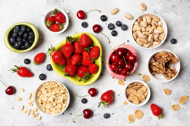 Top view healthy fruits in bowls