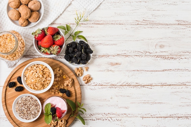 Top view of healthy fruits with copy space