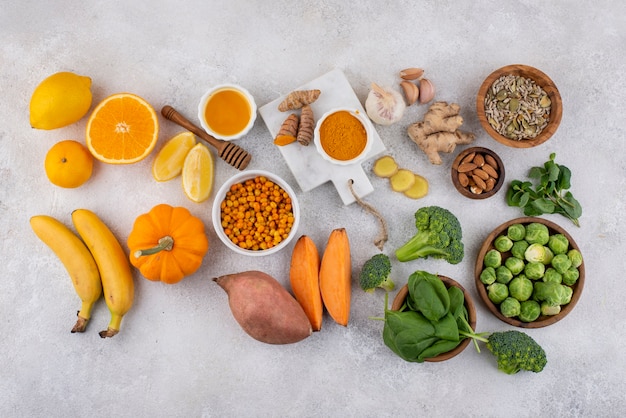 Top view of healthy immunity boosting foods