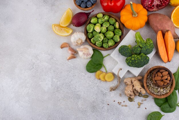 Top view of healthy immunity boosting foods