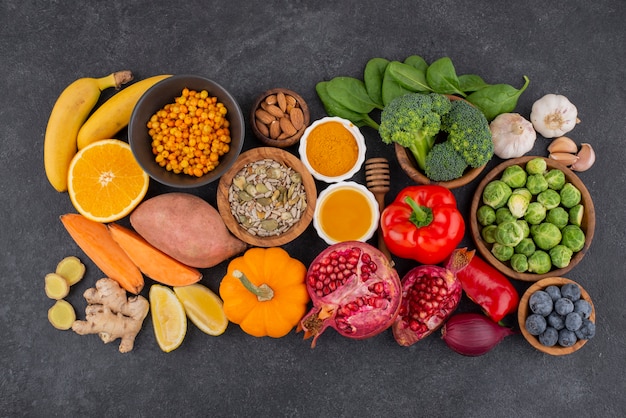 Top view of healthy immunity boosting foods