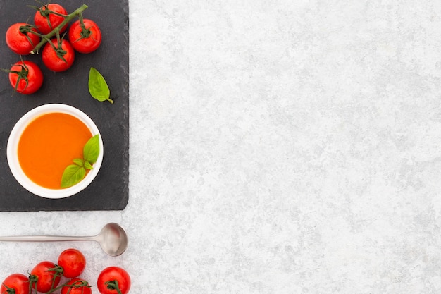 Top view healthy tomato soup with copy space