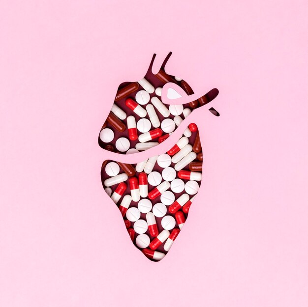 Top view heart day with medicine