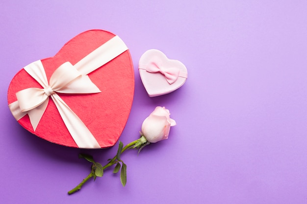 Top view heart shaped boxes and rose