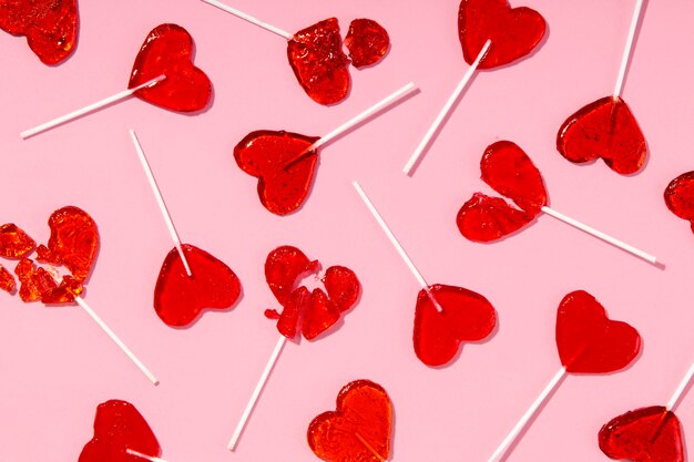 Top view over  heart shaped lollipops