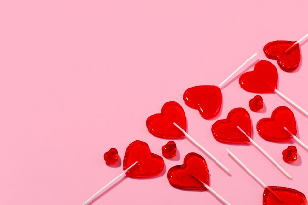Top view over  heart shaped lollipops
