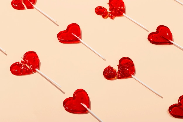 Top view over  heart shaped lollipops