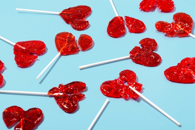 Top view over  heart shaped lollipops