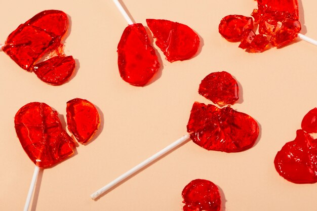 Top view over  heart shaped lollipops