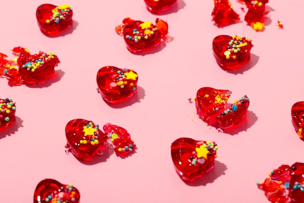 Top view over  heart shaped lollipops