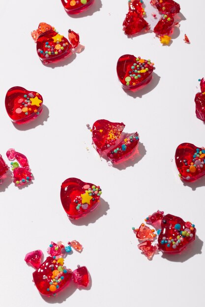 Top view over  heart shaped lollipops