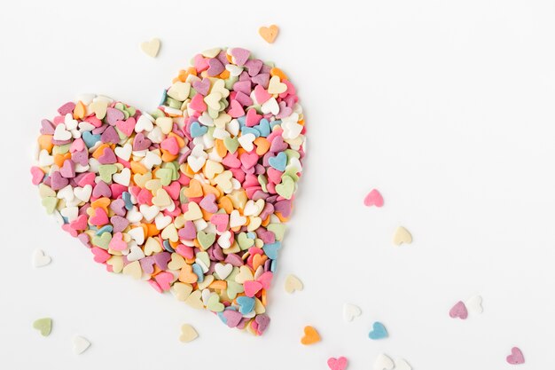 Top view of heart-shaped sprinkles