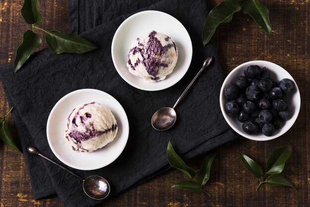 Top view homemade ice cream with blueberries