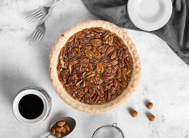 Top view homemade pecan pie on the table