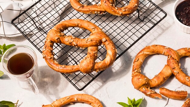 Top view homemade pretzels on the table