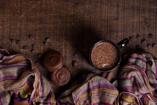 Top view hot chocolate and cookies