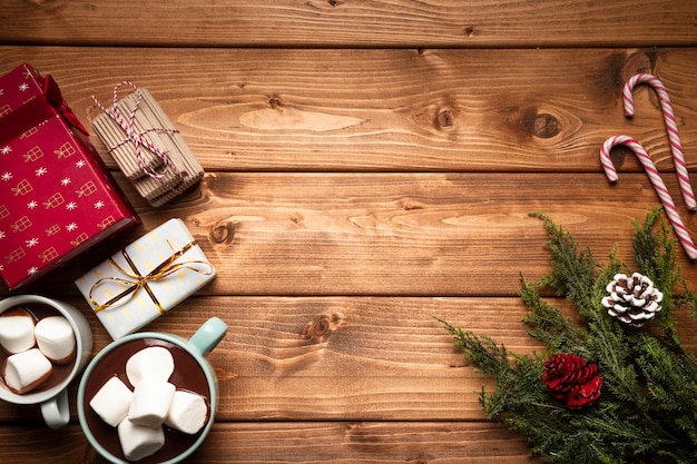 Top view hot chocolate with gifts