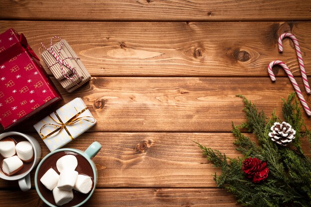 Top view hot chocolate with gifts